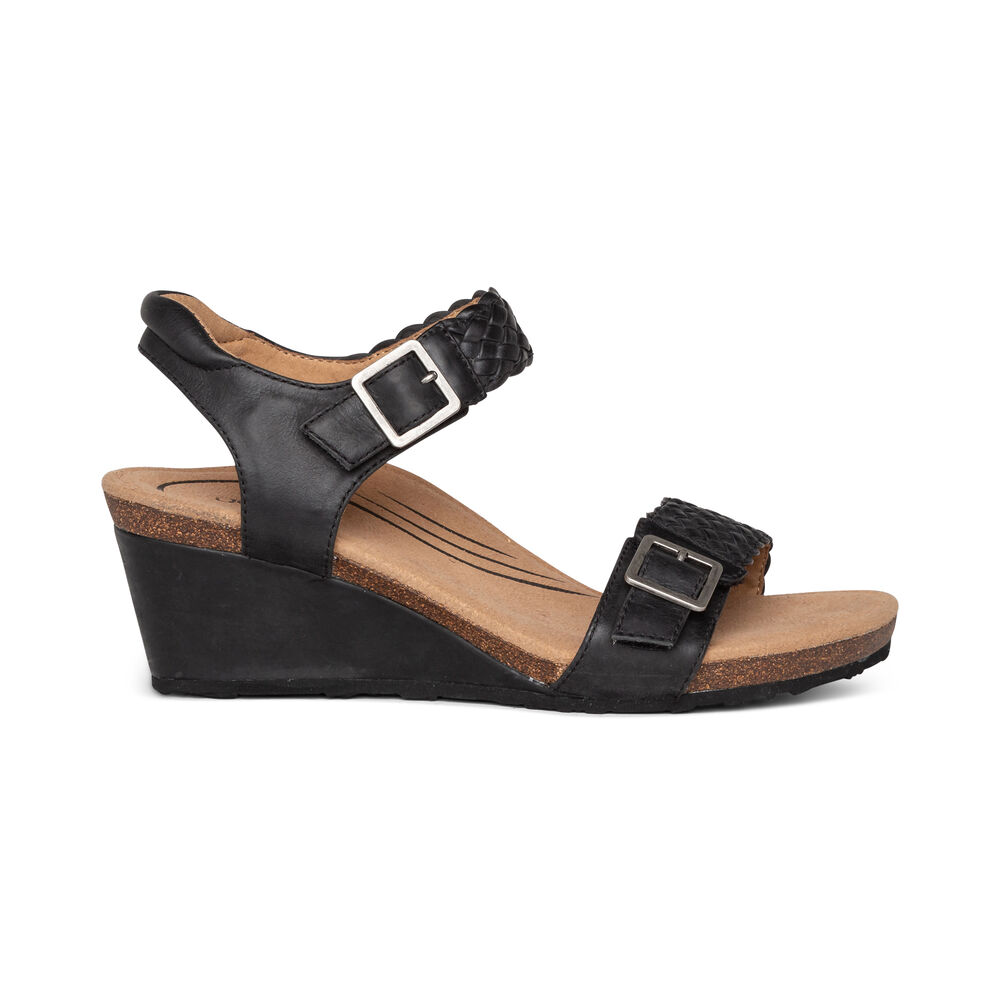 Aetrex Women's Grace Adjustable Woven Wedge Sandals - Black | USA WSHMHPA